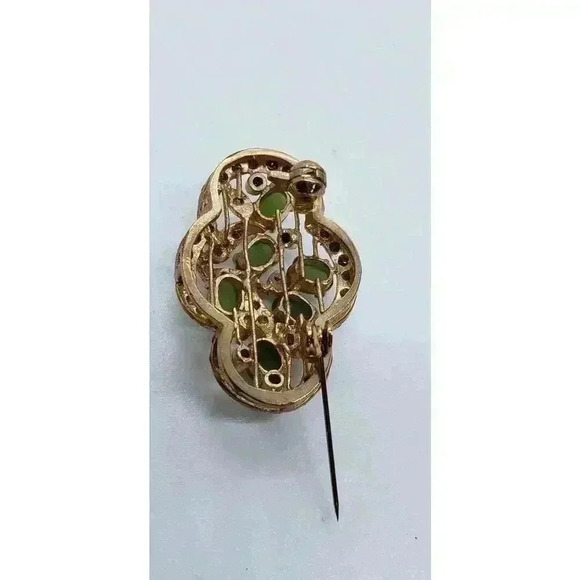 Vintage Brooch Jade 10k Gold Filled Rhinestone Accents art deco Flower Leaves - Picture 3 of 13